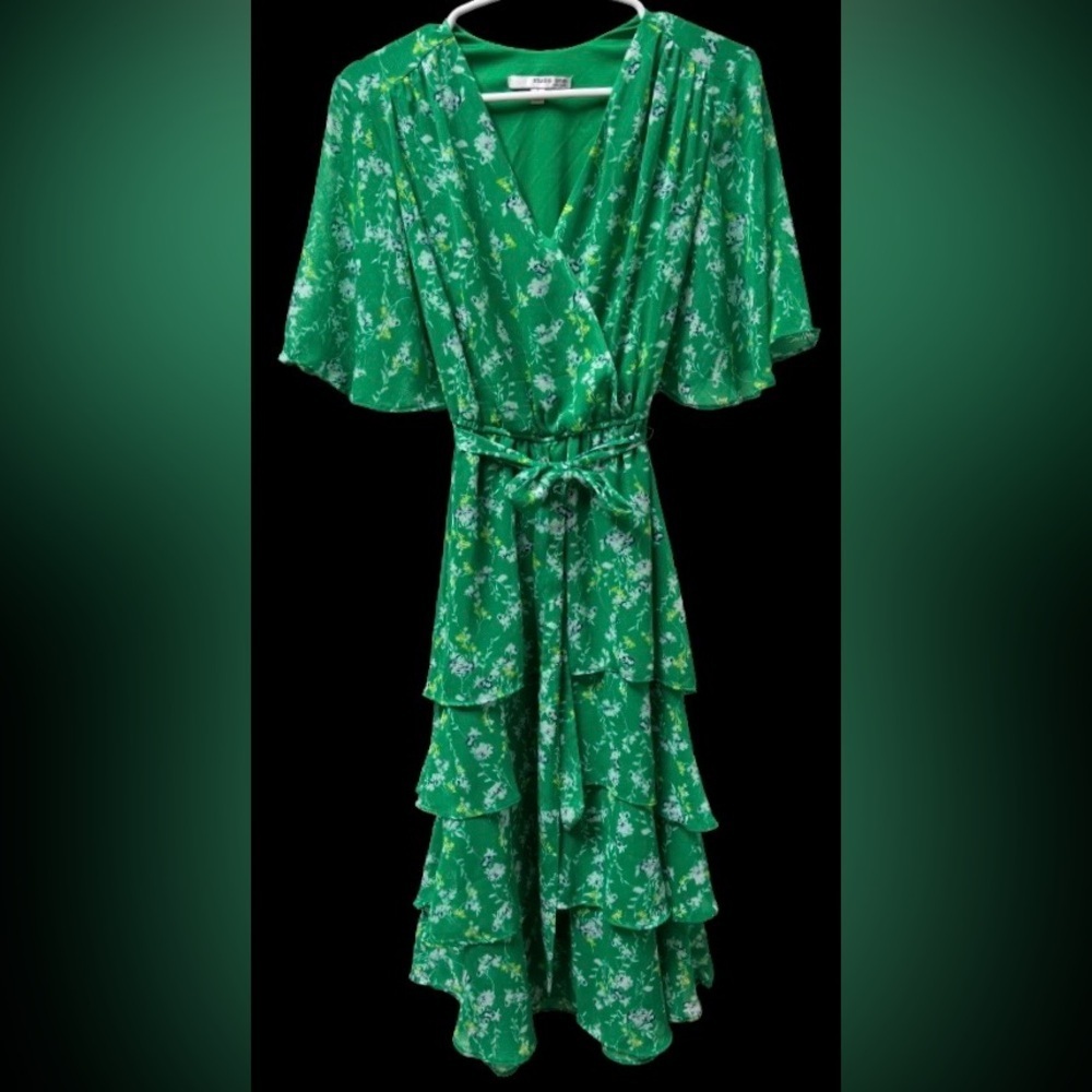 Studio One Kelly Green Floral flounce hm v nk fluttr slv drss WM S garden party